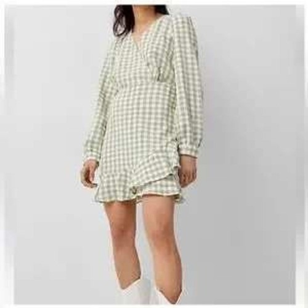 Vero Moda Ginghamโ Dress Womens XS Green V-Neck Long Sleeve Ruffle Hem Cottage